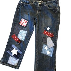 Upcycled Patchwork Capris Denim Shorts, Patriotic Star Patches, Size 10 Petite